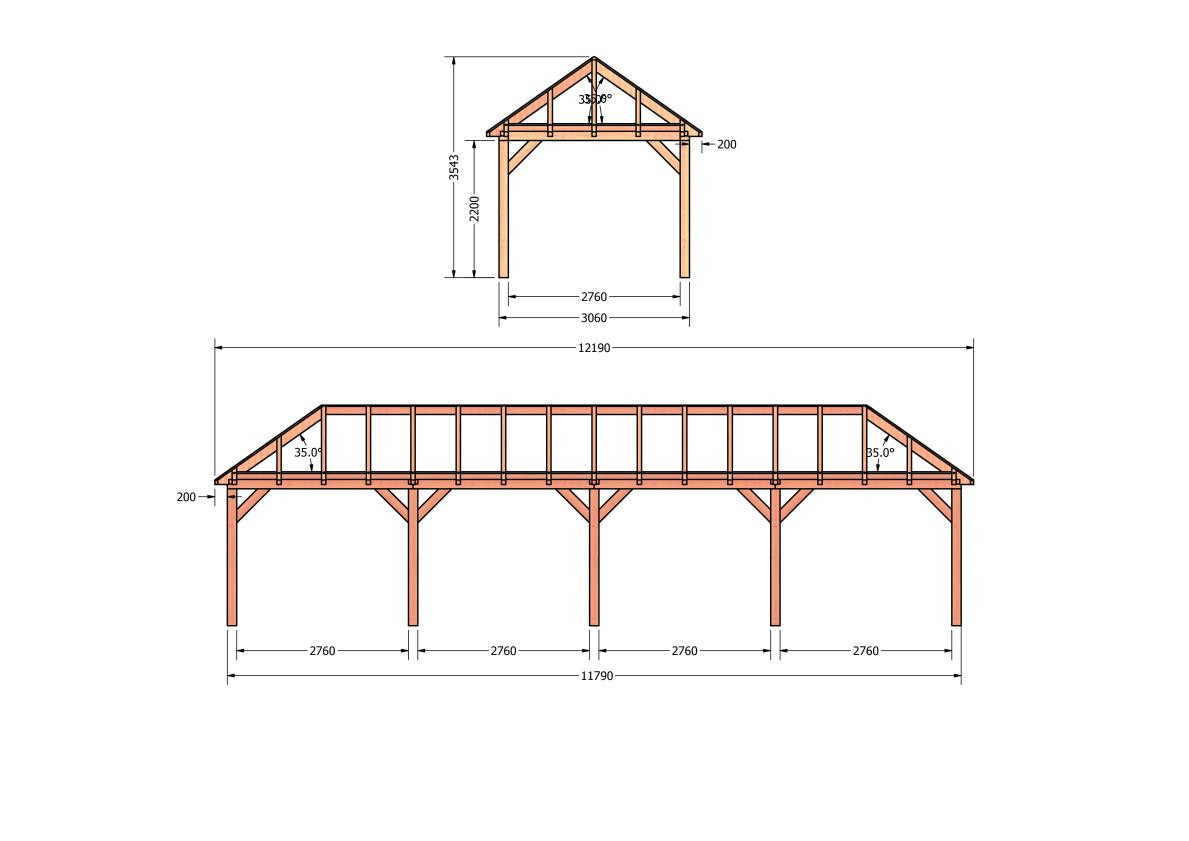 CP-20.3018-houten-schuur-bouwtekening-zelfbouw-constructie-bouwplan-Zij & voor aanzicht
