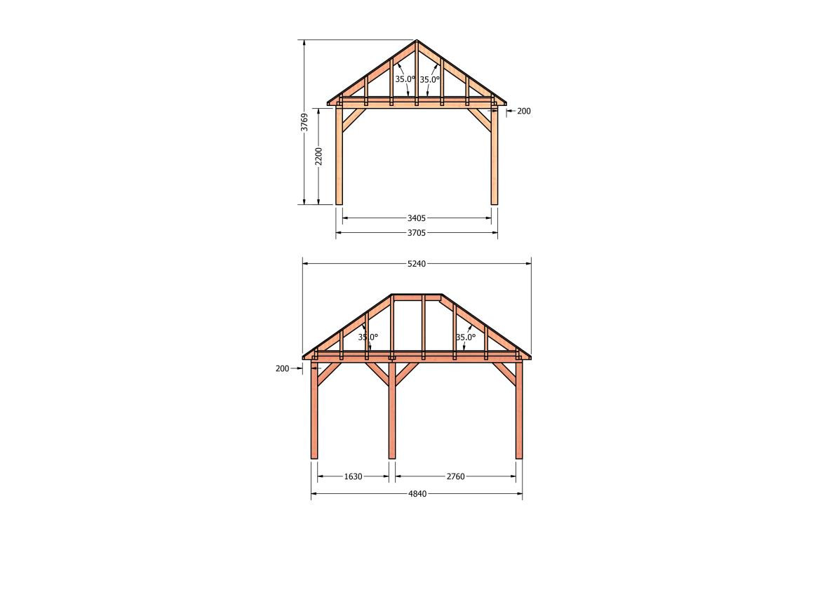 CP-20.3027-douglas-schuur-met-overkapping-bouwen-constructie-zelfbouw-bouwtekening-Zij & voor aanzicht