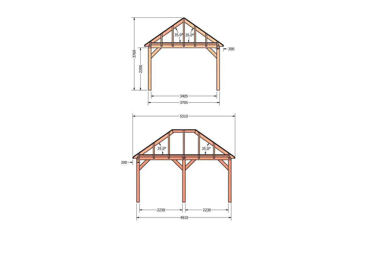 CP-20.3028-douglas-schuur-met-overkapping-bouwen-constructie-zelfbouw-bouwtekening-Zij & voor aanzicht