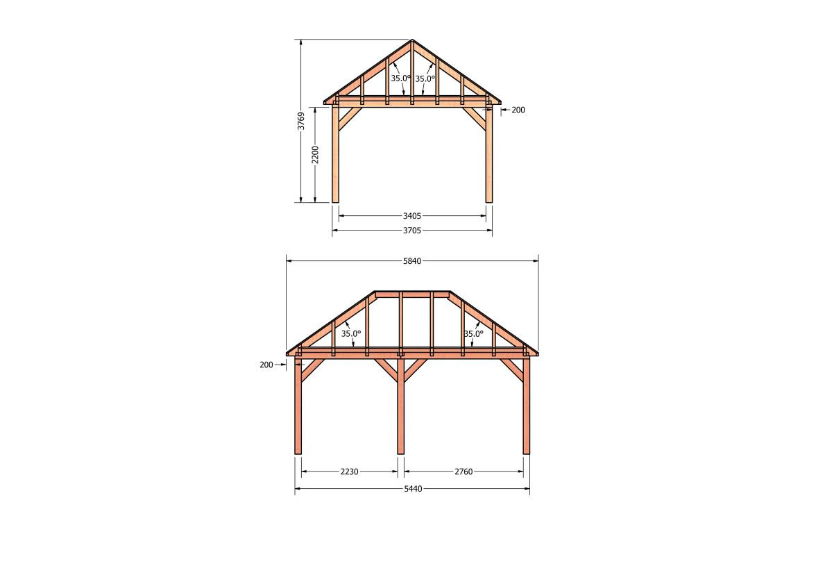 CP-20.3029-douglas-schuur-met-overkapping-bouwen-constructie-zelfbouw-bouwtekening-Zij & voor aanzicht
