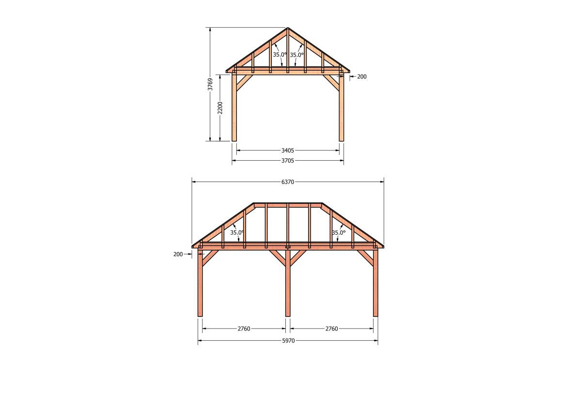 CP-20.3031-douglas-schuur-met-overkapping-bouwen-constructie-zelfbouw-bouwtekening-Zij & voor aanzicht