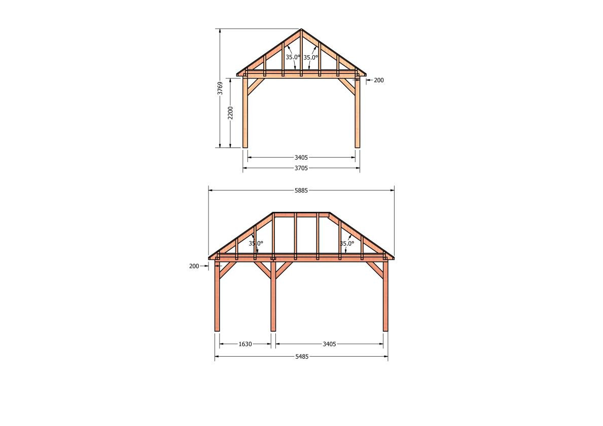CP-20.3030-douglas-schuur-met-overkapping-bouwen-constructie-zelfbouw-bouwtekening-Zij & voor aanzicht
