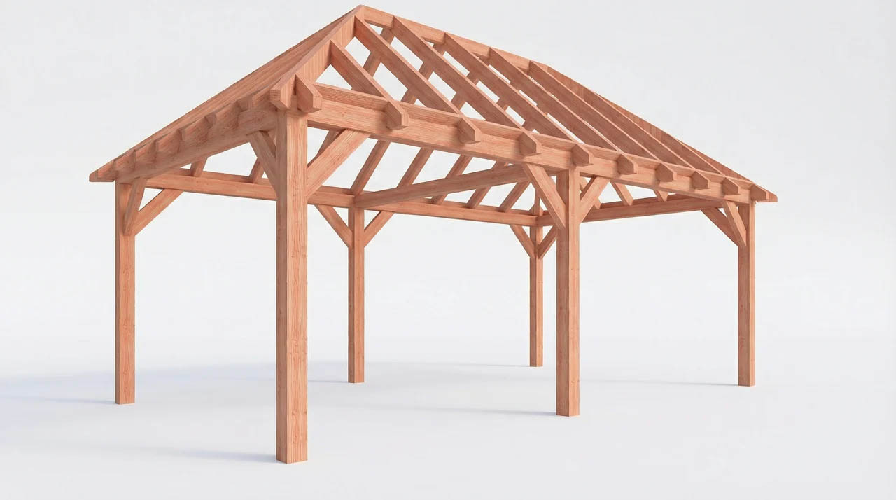 CP-20.3033-L-goedkope-houten-schuur-schilddak-overkapping-constructie-fijnbezaagd