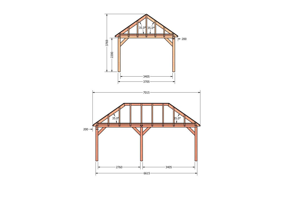 CP-20.3033-douglas-schuur-met-overkapping-bouwen-constructie-zelfbouw-bouwtekening-Zij & voor aanzicht