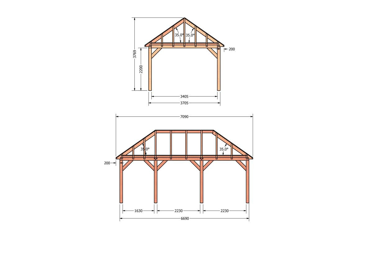 CP-20.3034-douglas-schuur-met-overkapping-bouwen-constructie-zelfbouw-bouwtekening-Zij & voor aanzicht