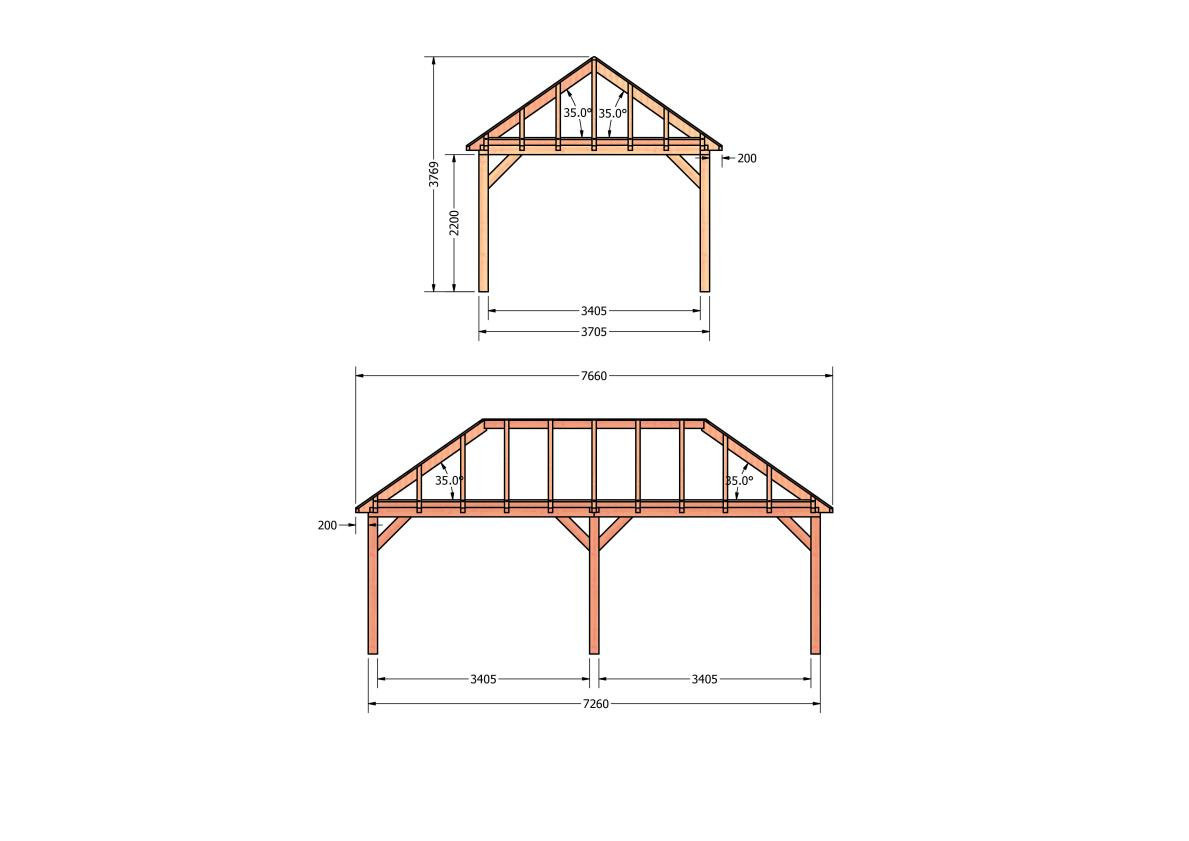 CP-20.3035-douglas-schuur-met-overkapping-bouwen-constructie-zelfbouw-bouwtekening-Zij & voor aanzicht