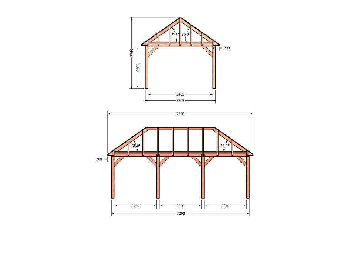 CP-20.3036-douglas-schuur-met-overkapping-bouwen-constructie-zelfbouw-bouwtekening-Zij & voor aanzicht