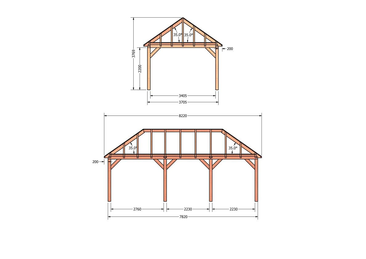 CP-20.3038-douglas-schuur-met-overkapping-bouwen-constructie-zelfbouw-bouwtekening-Zij & voor aanzicht