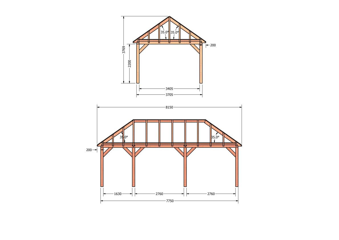 CP-20.3037-douglas-schuur-met-overkapping-bouwen-constructie-zelfbouw-bouwtekening-Zij & voor aanzicht
