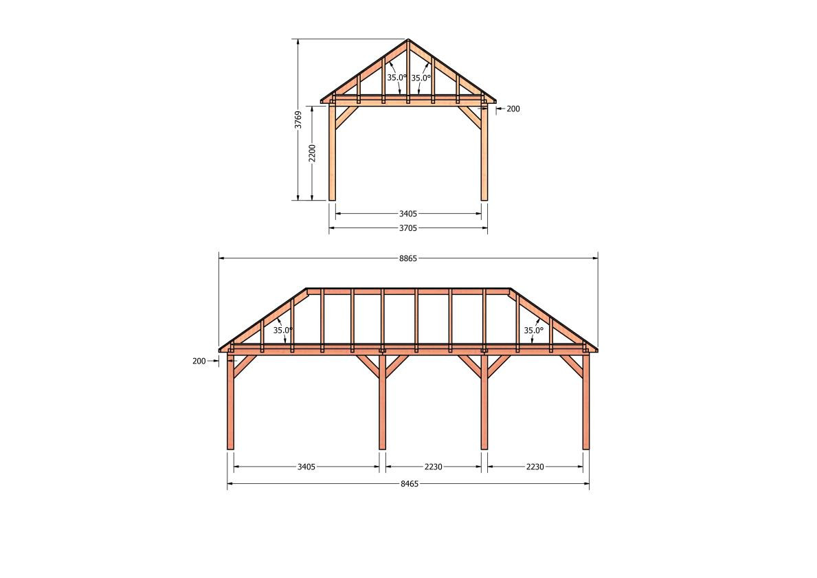 CP-20.3039-douglas-schuur-met-overkapping-bouwen-constructie-zelfbouw-bouwtekening-Zij & voor aanzicht