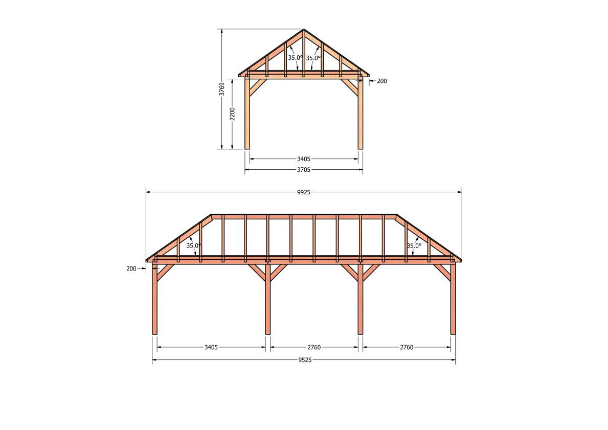 CP-20.3041-douglas-schuur-met-overkapping-bouwen-constructie-zelfbouw-bouwtekening-Zij & voor aanzicht