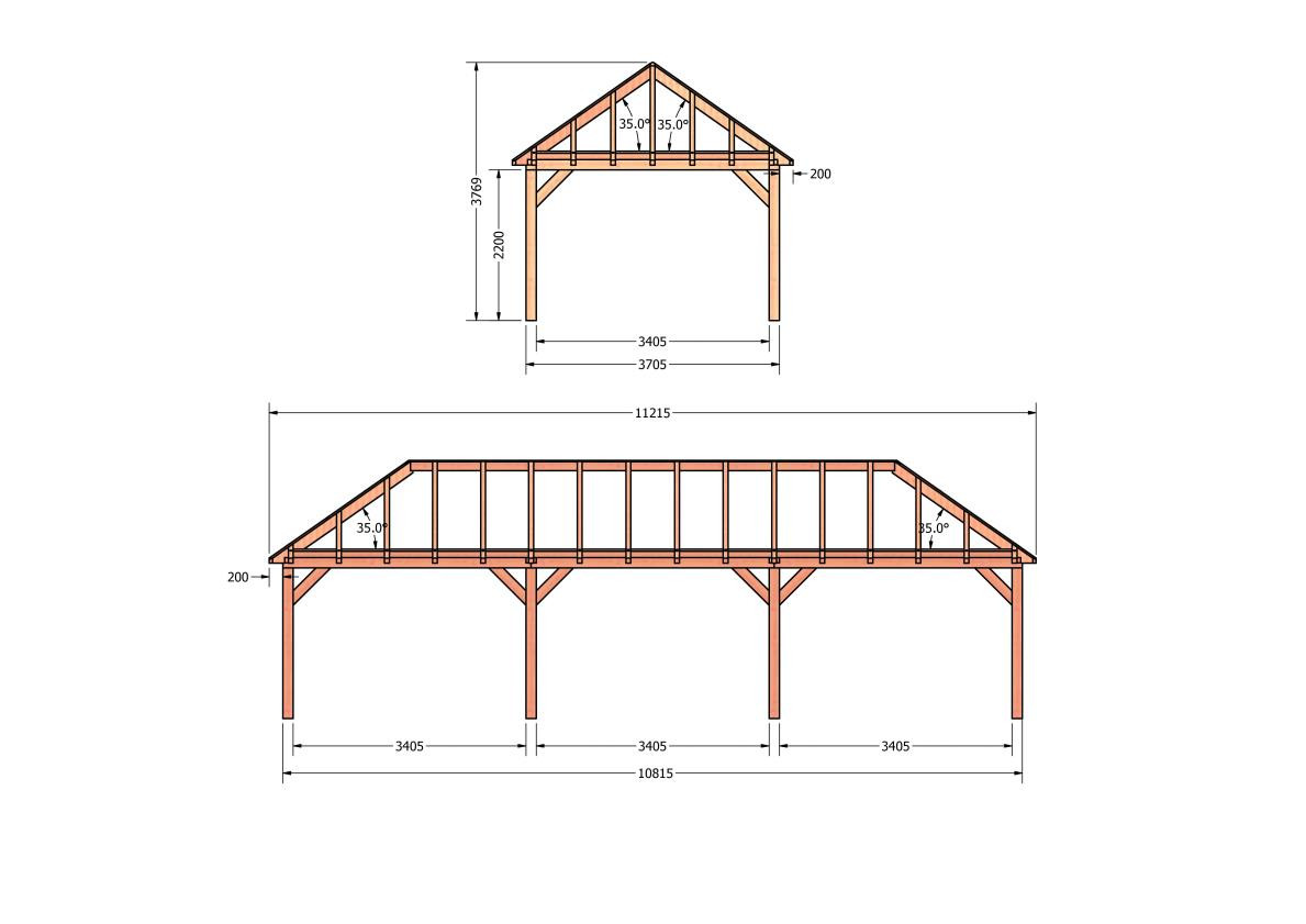 CP-20.3042-douglas-schuur-met-overkapping-bouwen-constructie-zelfbouw-bouwtekening-Zij & voor aanzicht