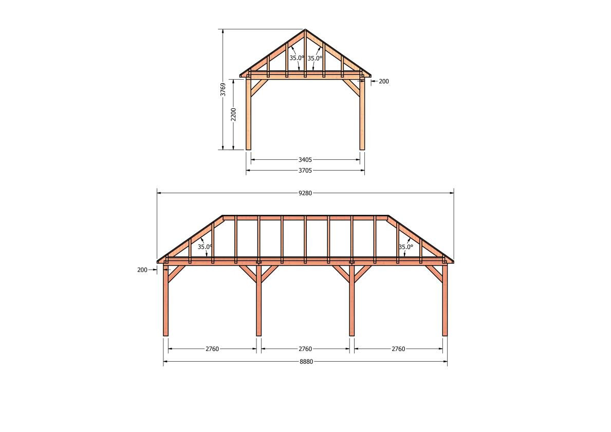 CP-20.3040-douglas-schuur-met-overkapping-bouwen-constructie-zelfbouw-bouwtekening-Zij & voor aanzicht