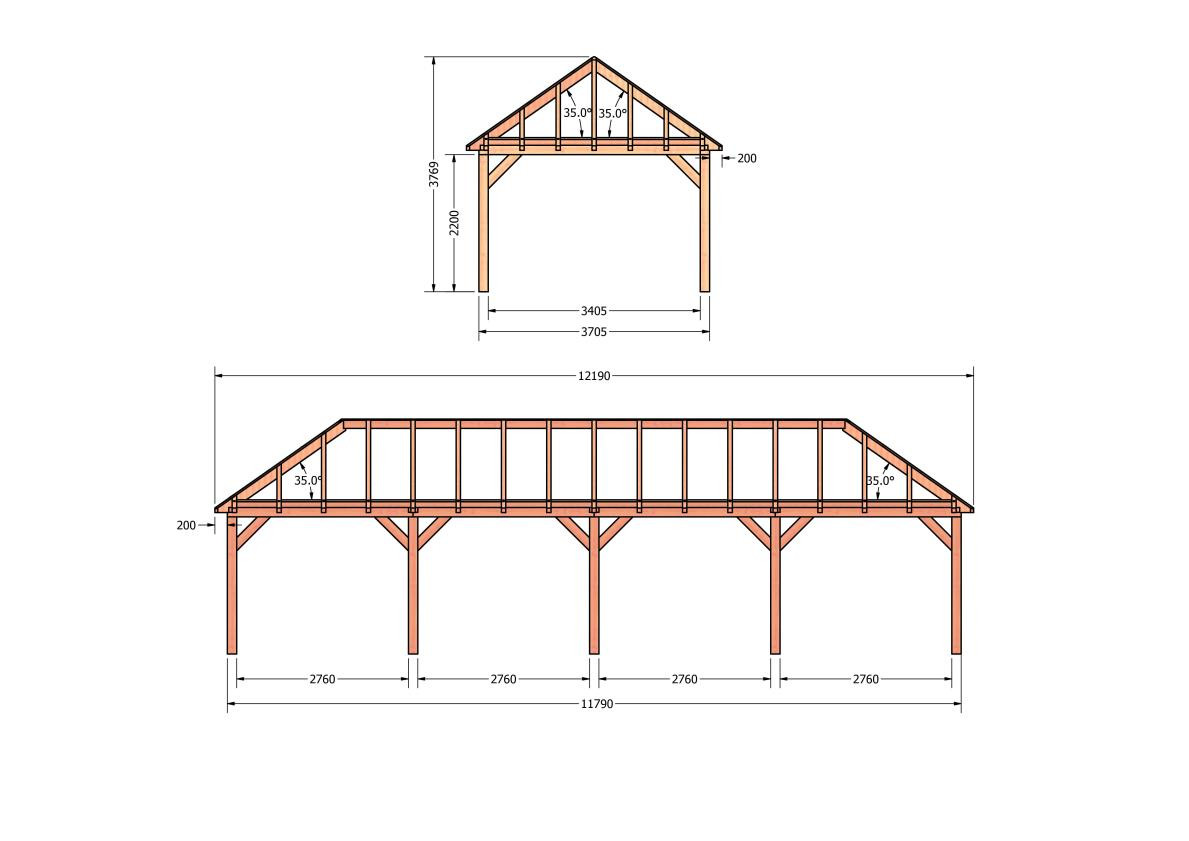 CP-20.3043-douglas-schuur-met-overkapping-bouwen-constructie-zelfbouw-bouwtekening-Zij & voor aanzicht