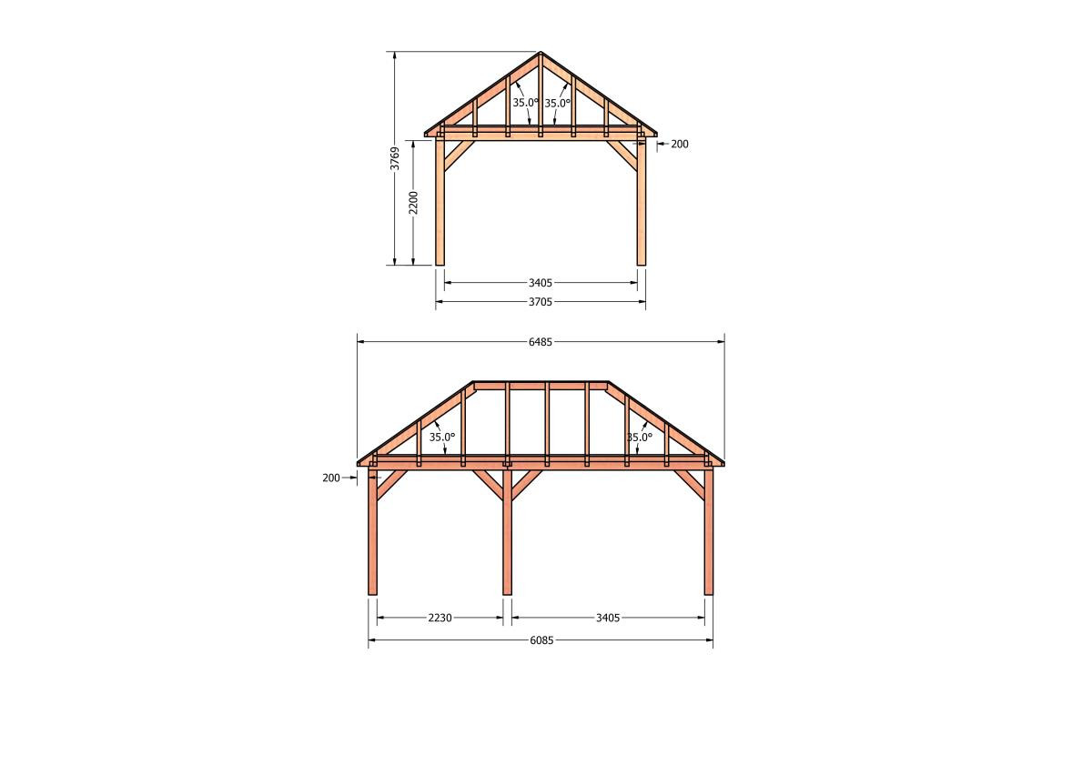 CP-20.3032-douglas-schuur-met-overkapping-bouwen-constructie-zelfbouw-bouwtekening-Zij & voor aanzicht