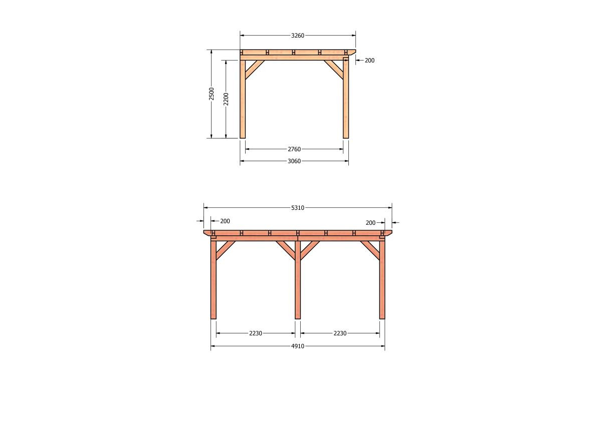 CP-10.2004-houten-veranda-bouwpakket-douglas-constructie-bouwtekening-Zij & voor aanzicht