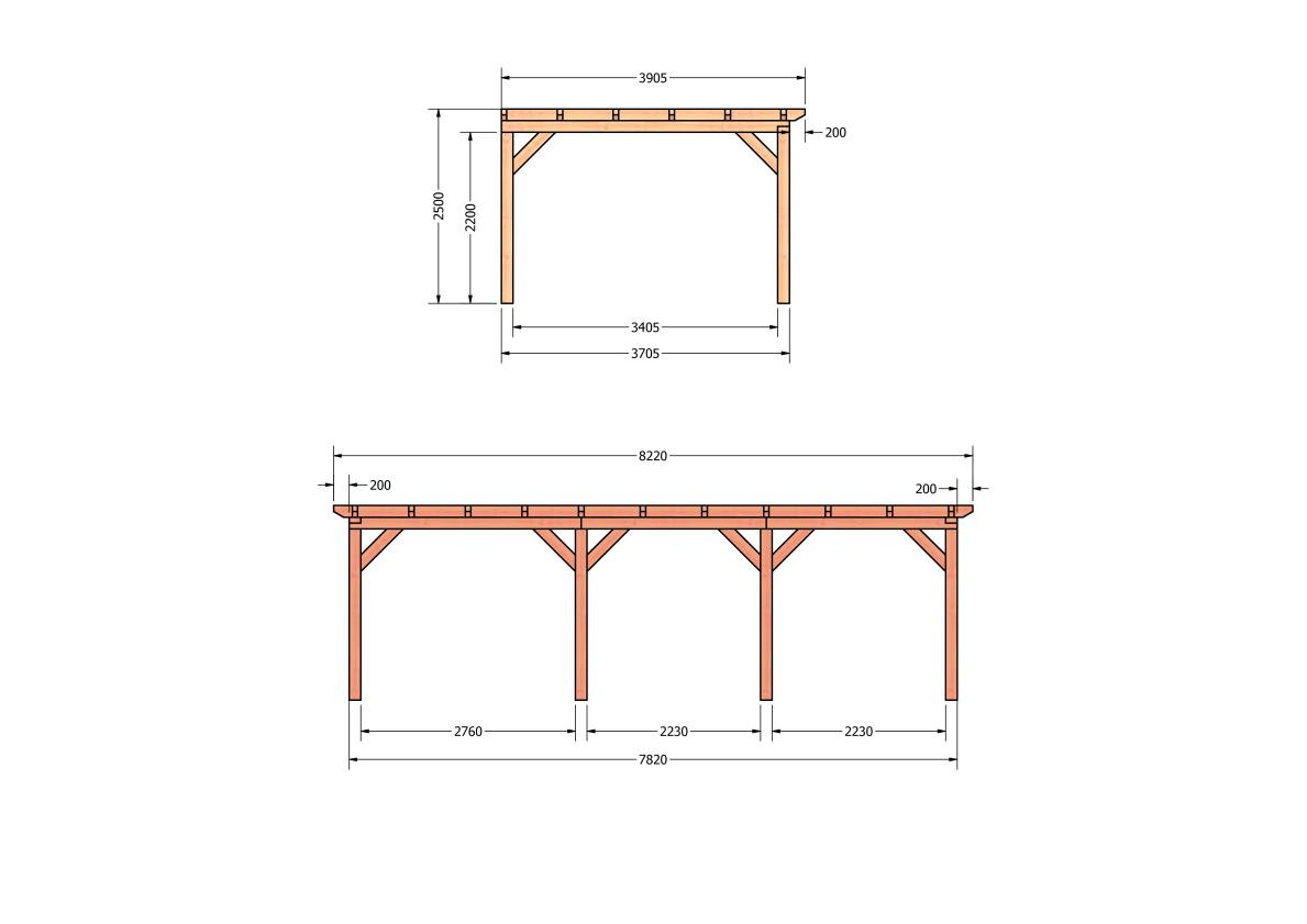 CP-10.2070-douglas-veranda-tuin-overkapping-bouwpakket-bouwtekening-zelfbouw-Zij & voor aanzicht