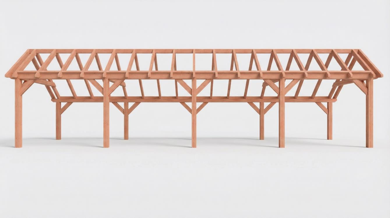 CP-20.1018 - Constructiepakket kapschuur - 12190x3460x3445mm - fijnbezaagd Douglas - Voorzijde