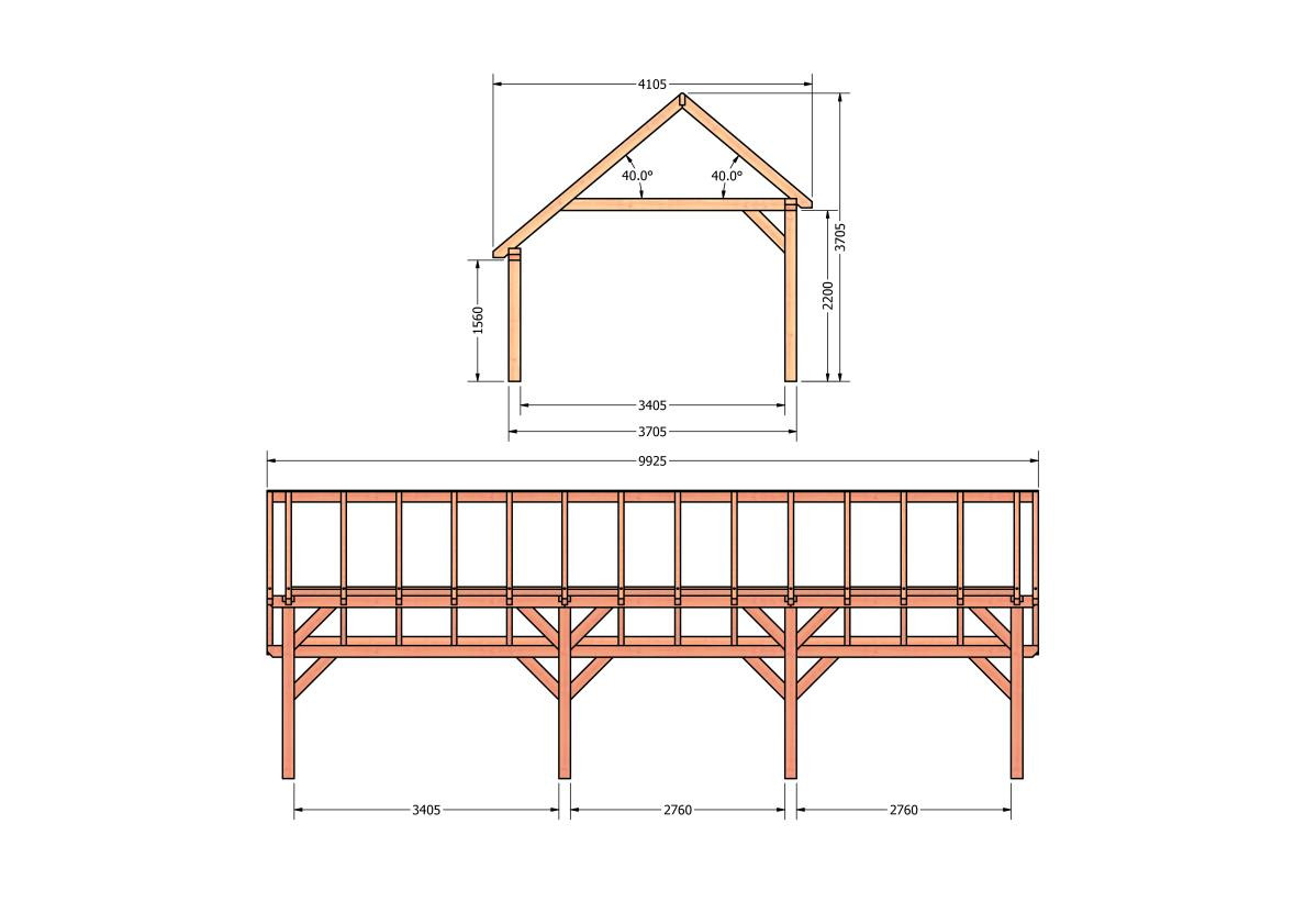 CP-20.1041-houten-kapschuur-constructie-bouwpakket-zelfbouw-bouwtekening-Zij & voor aanzicht