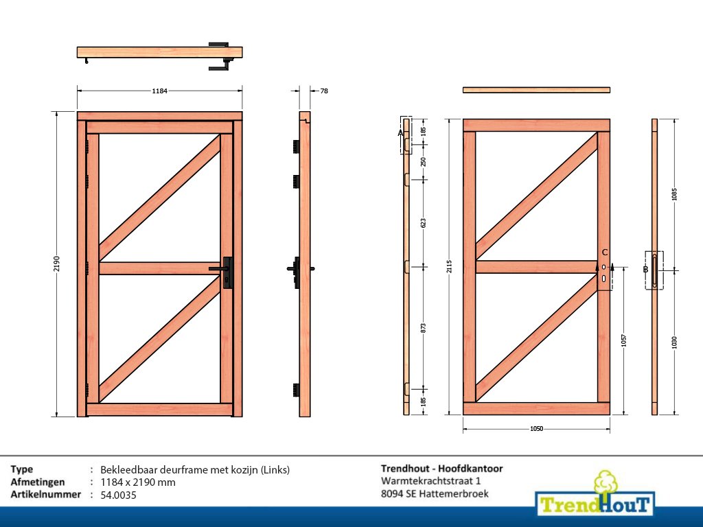 54.0035 - Enkele deurframe met kozijn links bekleedbaar - deurpoort kader - deurframe voor tuindeur met slot - tekening
