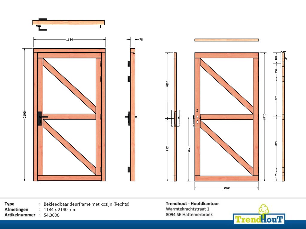 54.0036 - Enkele deurframe met kozijn Rechts bekleedbaar - deurpoort kader - deurframe voor tuindeur met slot - tekening