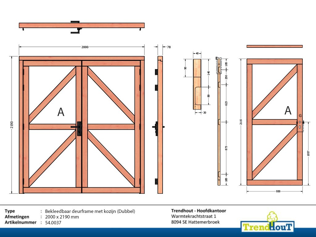 54.0037 - Enkele deurframe met kozijn Dubbel bekleedbaar - deurpoort kader - deurframe voor tuindeur met slot - tekening