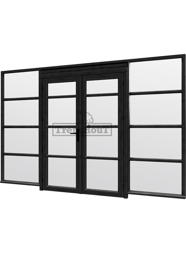 Steel-look-raam-3405x2200mm-zwart-module-E-04-met-dubbele-openslaande-deuren