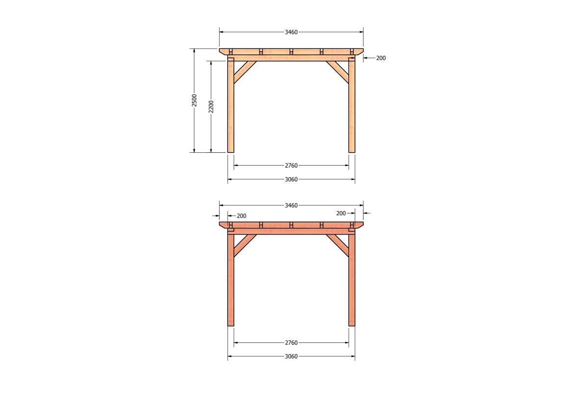 CP-10.1000-douglas-houten-overkapping-carport-bouwpakket-zelfbouw-plat-dak-bouwtekening-Zij & voor aanzicht