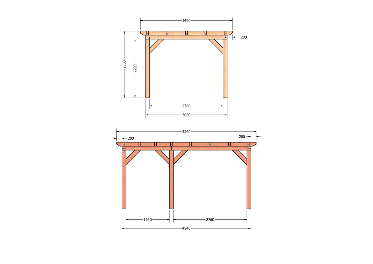 CP-10.1002-douglas-houten-overkapping-carport-bouwpakket-zelfbouw-plat-dak-bouwtekening-Zij & voor aanzicht