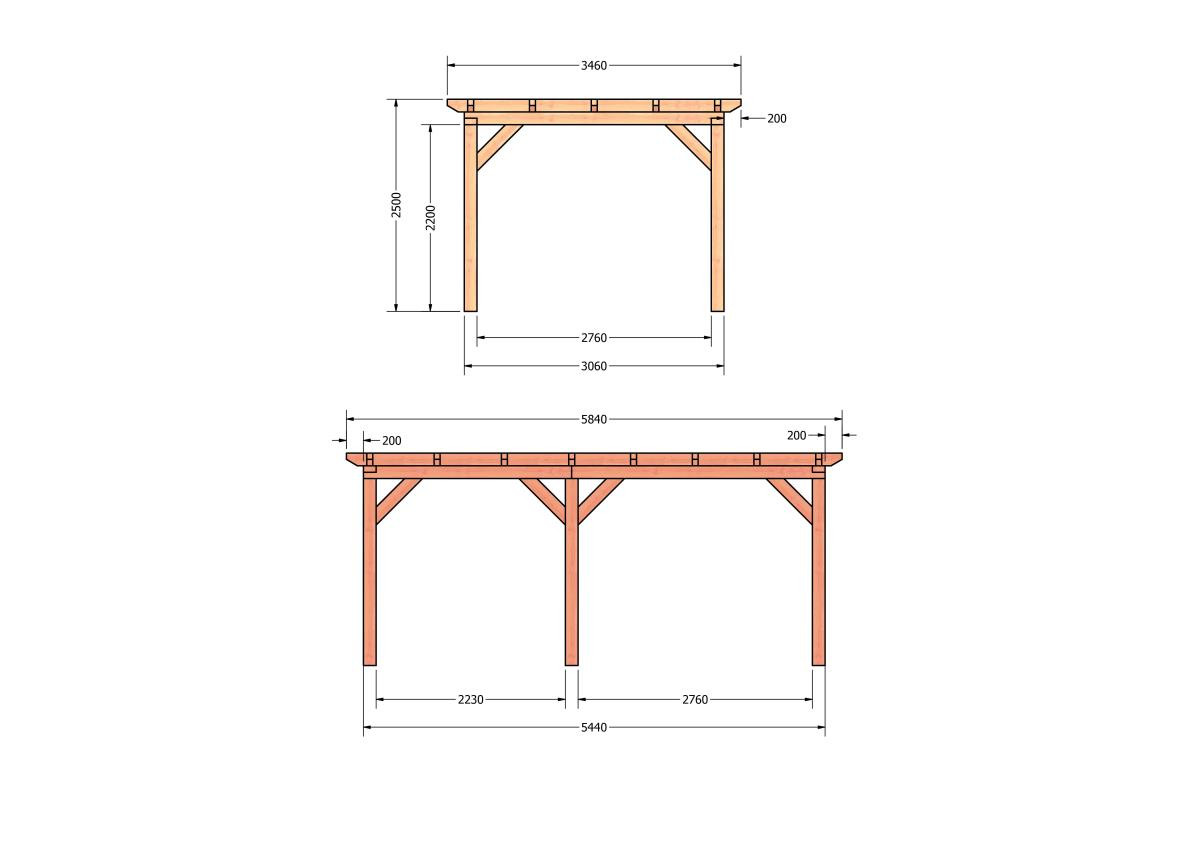CP-10.1004-douglas-houten-overkapping-carport-bouwpakket-zelfbouw-plat-dak-bouwtekening-Zij & voor aanzicht