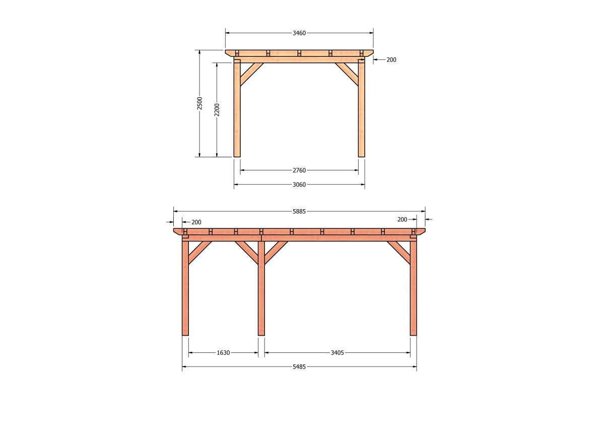 CP-10.1005-douglas-houten-overkapping-carport-bouwpakket-zelfbouw-plat-dak-bouwtekening-Zij & voor aanzicht
