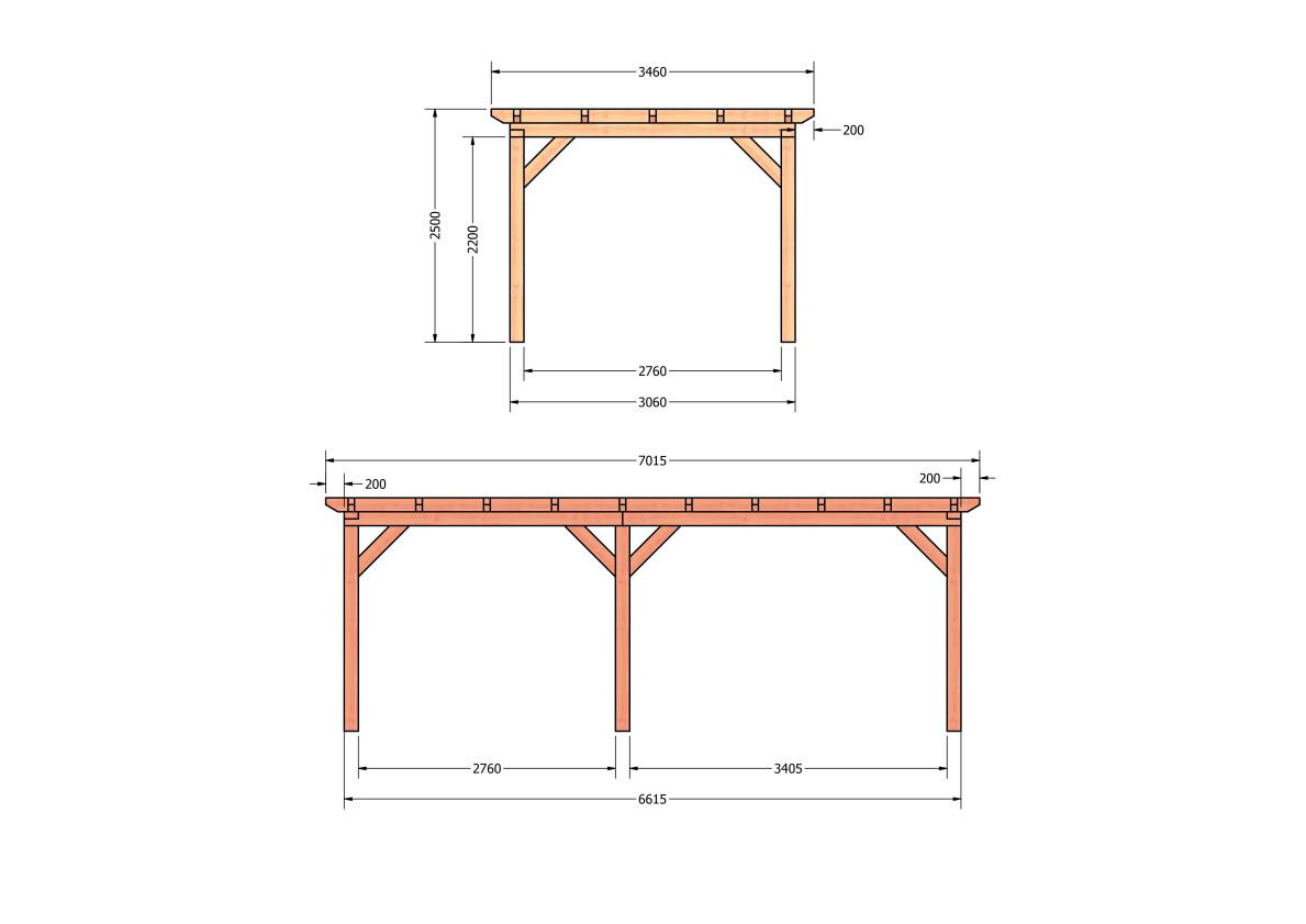 CP-10.1008-douglas-houten-overkapping-carport-bouwpakket-zelfbouw-plat-dak-bouwtekening-Zij & voor aanzicht