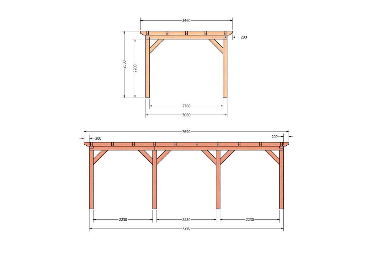 CP-10.1011-douglas-houten-overkapping-carport-bouwpakket-zelfbouw-plat-dak-bouwtekening-Zij & voor aanzicht