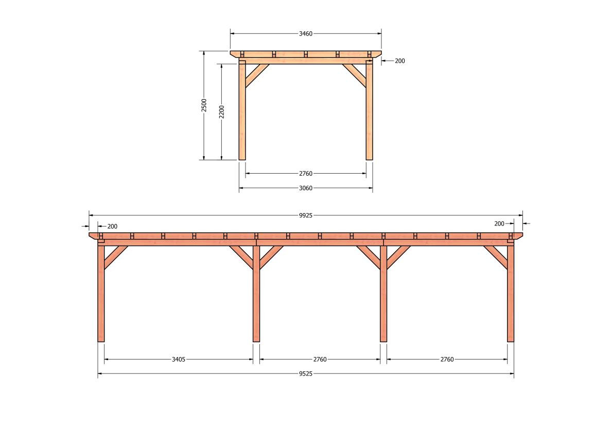 CP-10.1016-douglas-houten-overkapping-carport-bouwpakket-zelfbouw-plat-dak-bouwtekening-Zij & voor aanzicht