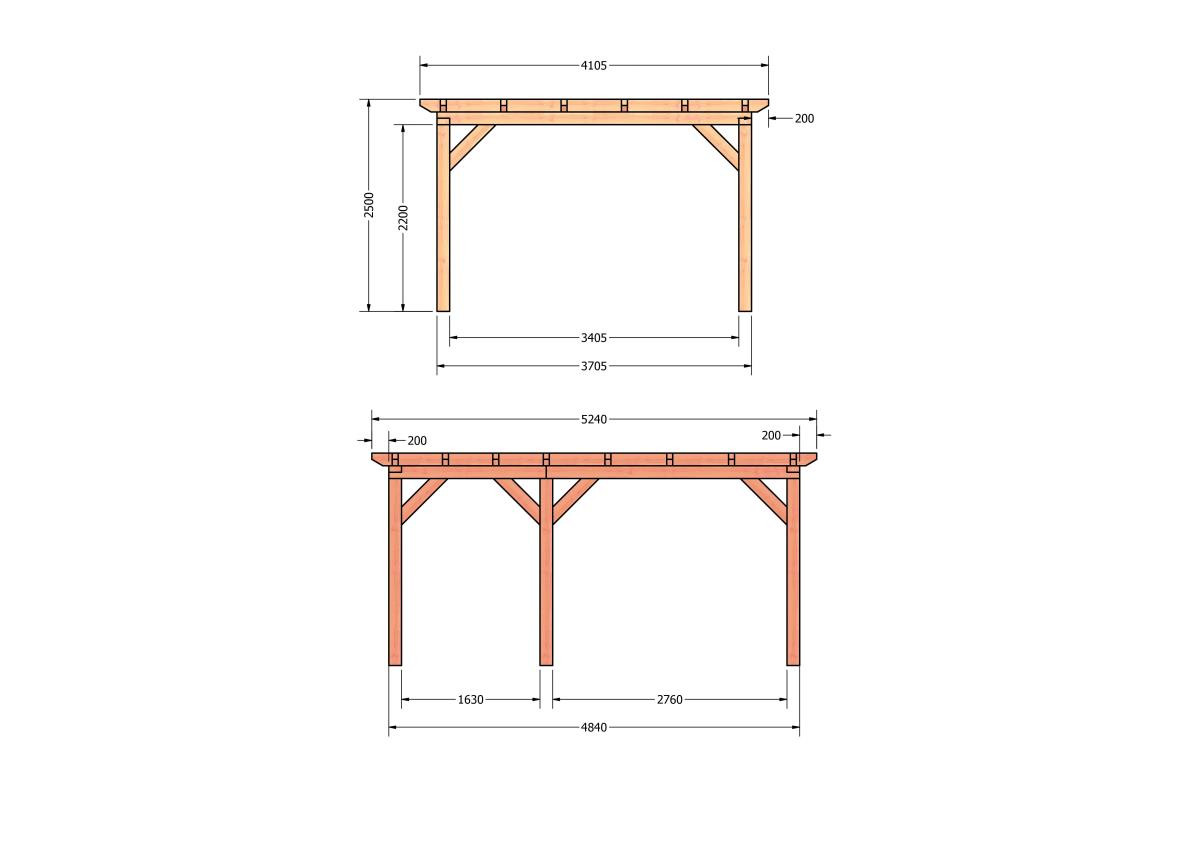 CP-10.1027-douglas-overkapping-tuin-hout-platdak-bouwtekening-kant-en-klaar-pakket-Zij & voor aanzicht
