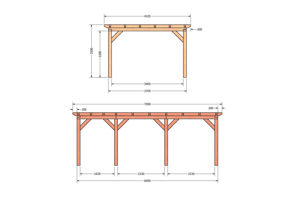 CP-10.1034-douglas-overkapping-tuin-hout-platdak-bouwtekening-kant-en-klaar-pakket-Zij & voor aanzicht