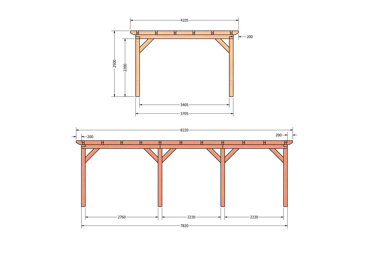 CP-10.1038-douglas-overkapping-tuin-hout-platdak-bouwtekening-kant-en-klaar-pakket-Zij & voor aanzicht