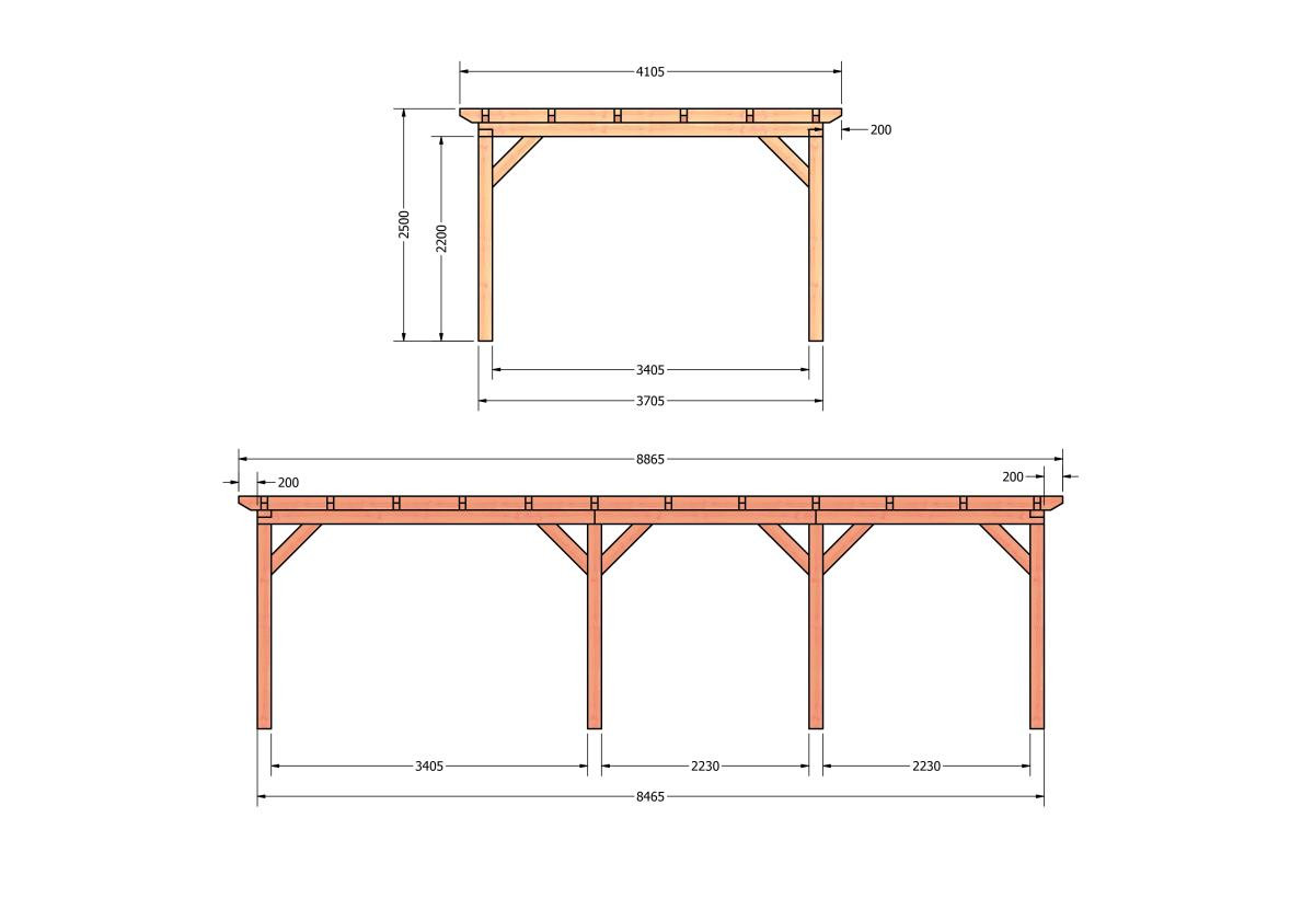 CP-10.1039-douglas-overkapping-tuin-hout-platdak-bouwtekening-kant-en-klaar-pakket-Zij & voor aanzicht