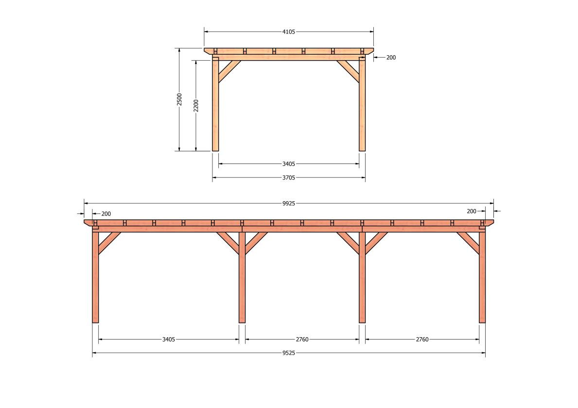 CP-10.1041-douglas-overkapping-tuin-hout-platdak-bouwtekening-kant-en-klaar-pakket-Zij & voor aanzicht - kopie