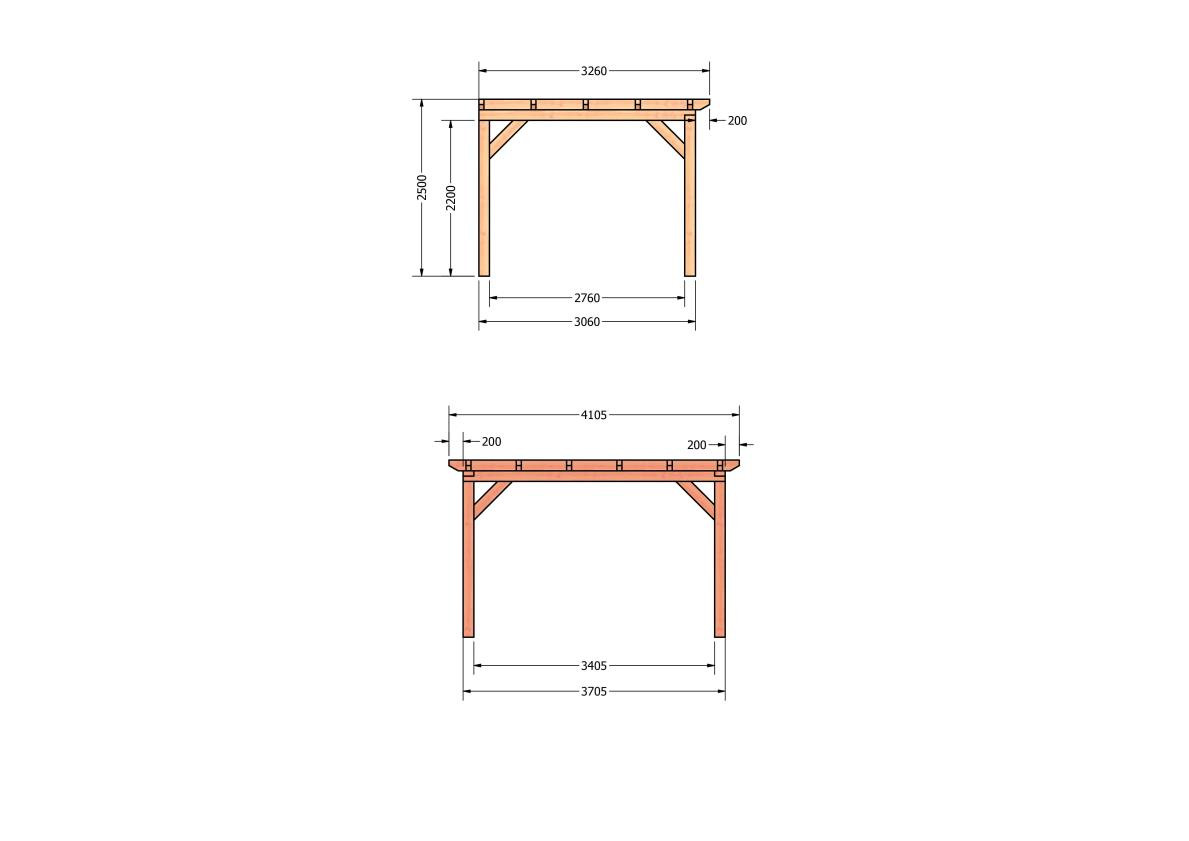 CP-10.2001-houten-veranda-bouwpakket-douglas-constructie-bouwtekening-Zij & voor aanzicht