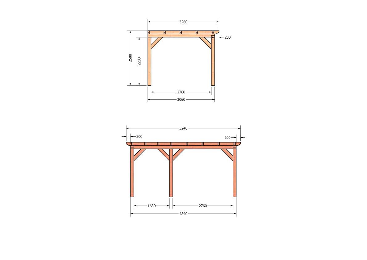 CP-10.2002-houten-veranda-bouwpakket-douglas-constructie-bouwtekening-Zij & voor aanzicht