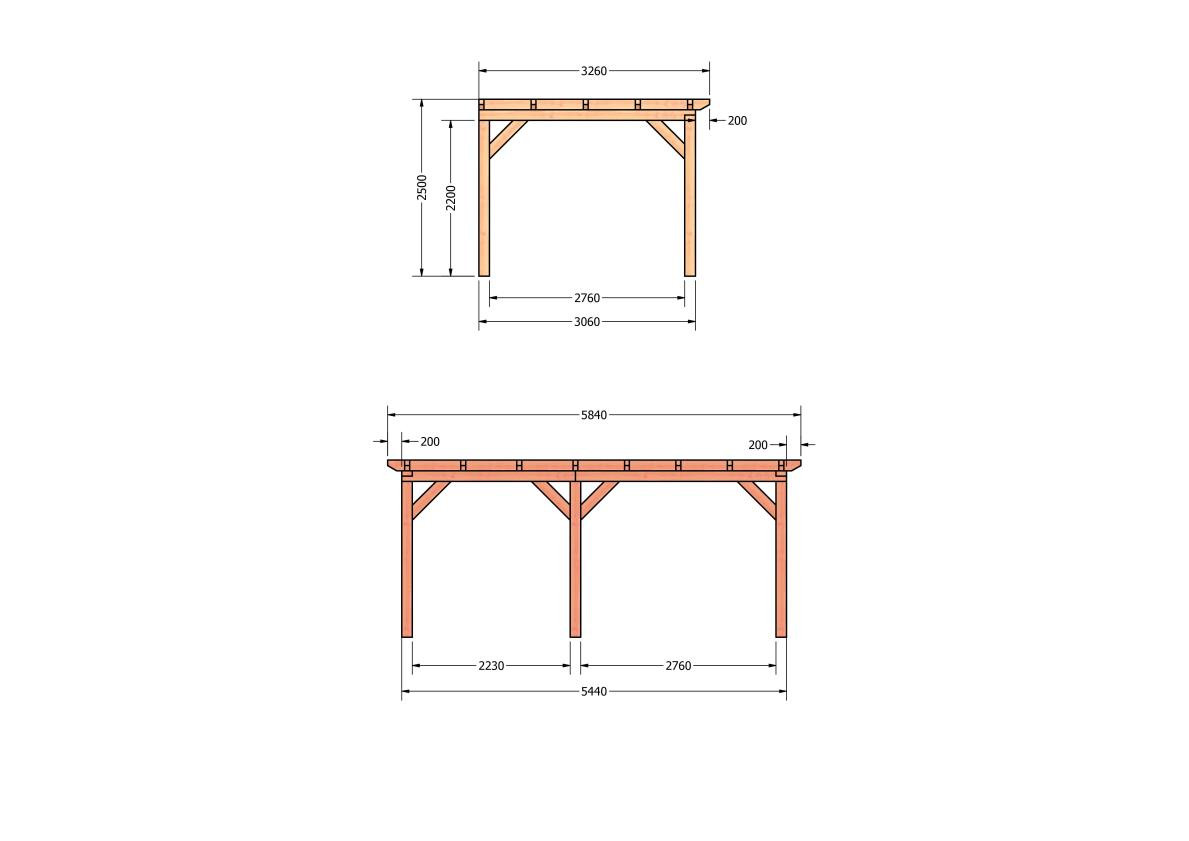 CP-10.2005-houten-veranda-bouwpakket-douglas-constructie-bouwtekening-Zij & voor aanzicht