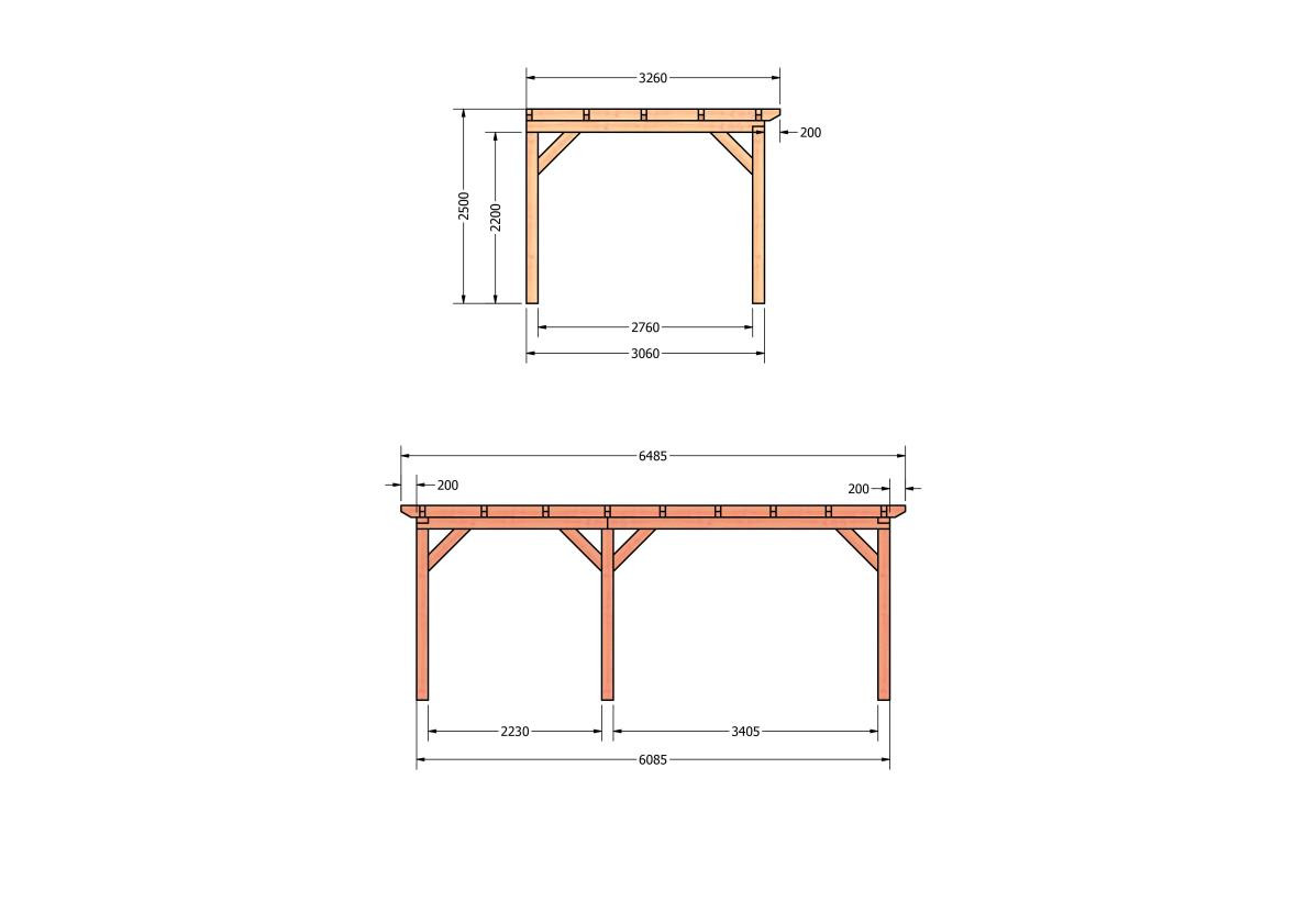 CP-10.2010-houten-veranda-bouwpakket-douglas-constructie-bouwtekening-Zij & voor aanzicht