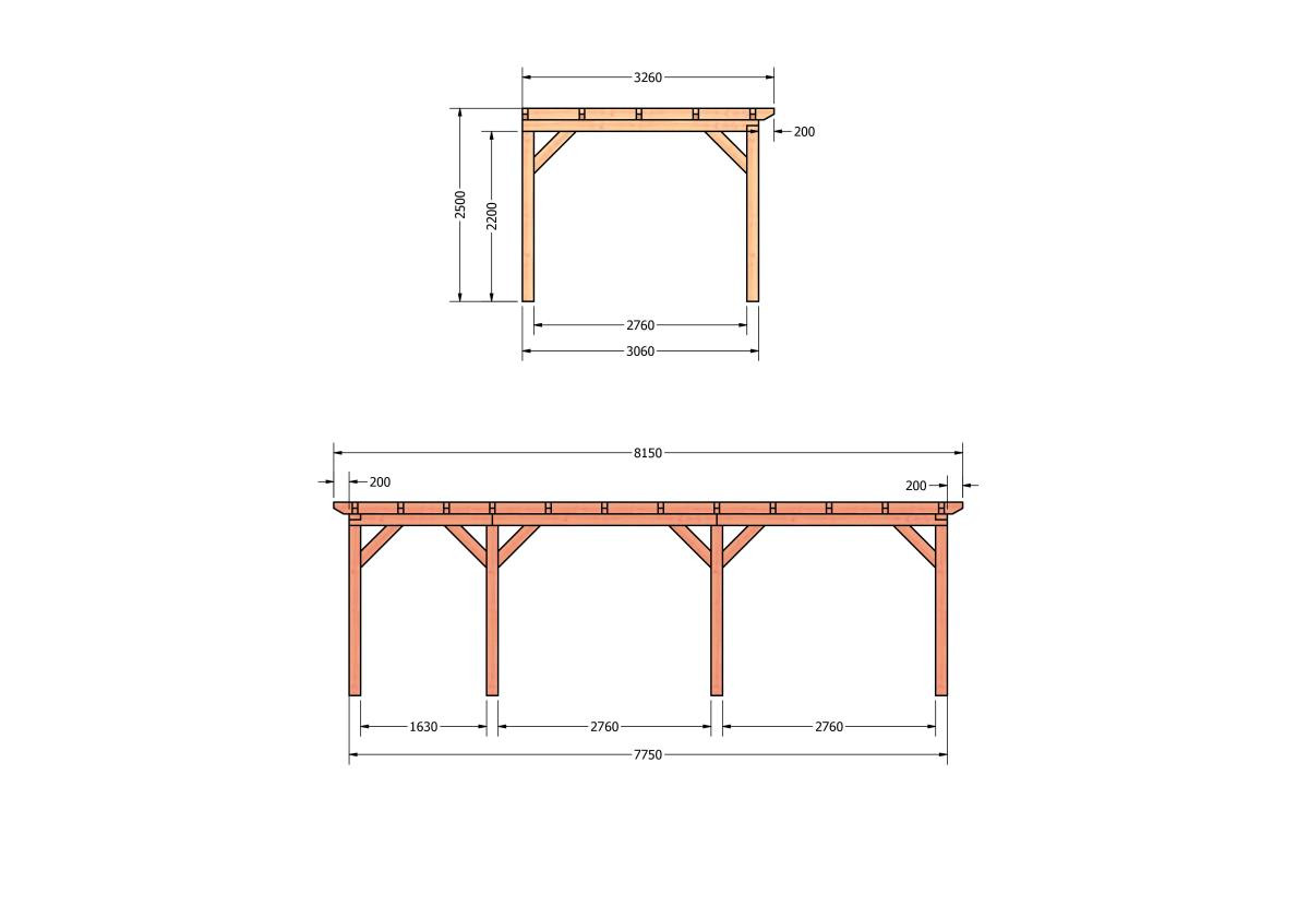 CP-10.2018-houten-veranda-bouwpakket-douglas-constructie-bouwtekening-Zij & voor aanzicht