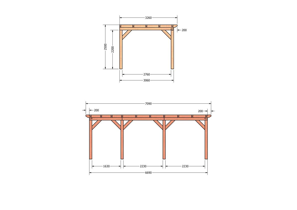 CP-10.2014-houten-veranda-bouwpakket-douglas-constructie-bouwtekening-Zij & voor aanzicht