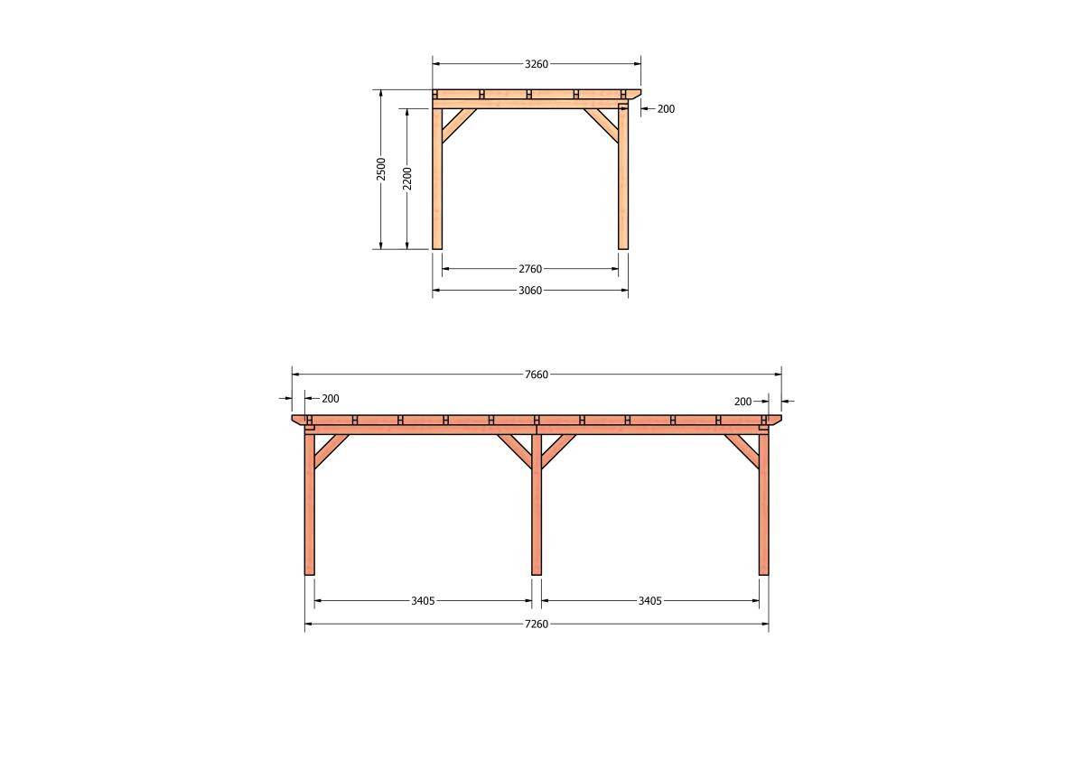 CP-10.2016-houten-veranda-bouwpakket-douglas-constructie-bouwtekening-Zij & voor aanzicht
