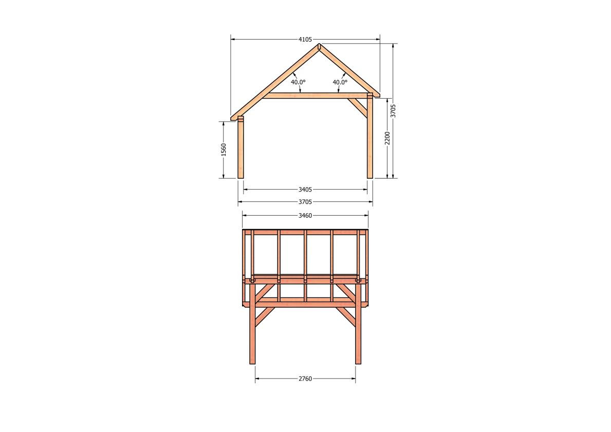 CP-20.1025-houten-kapschuur-constructie-bouwpakket-zelfbouw-bouwtekening-Zij & voor aanzicht