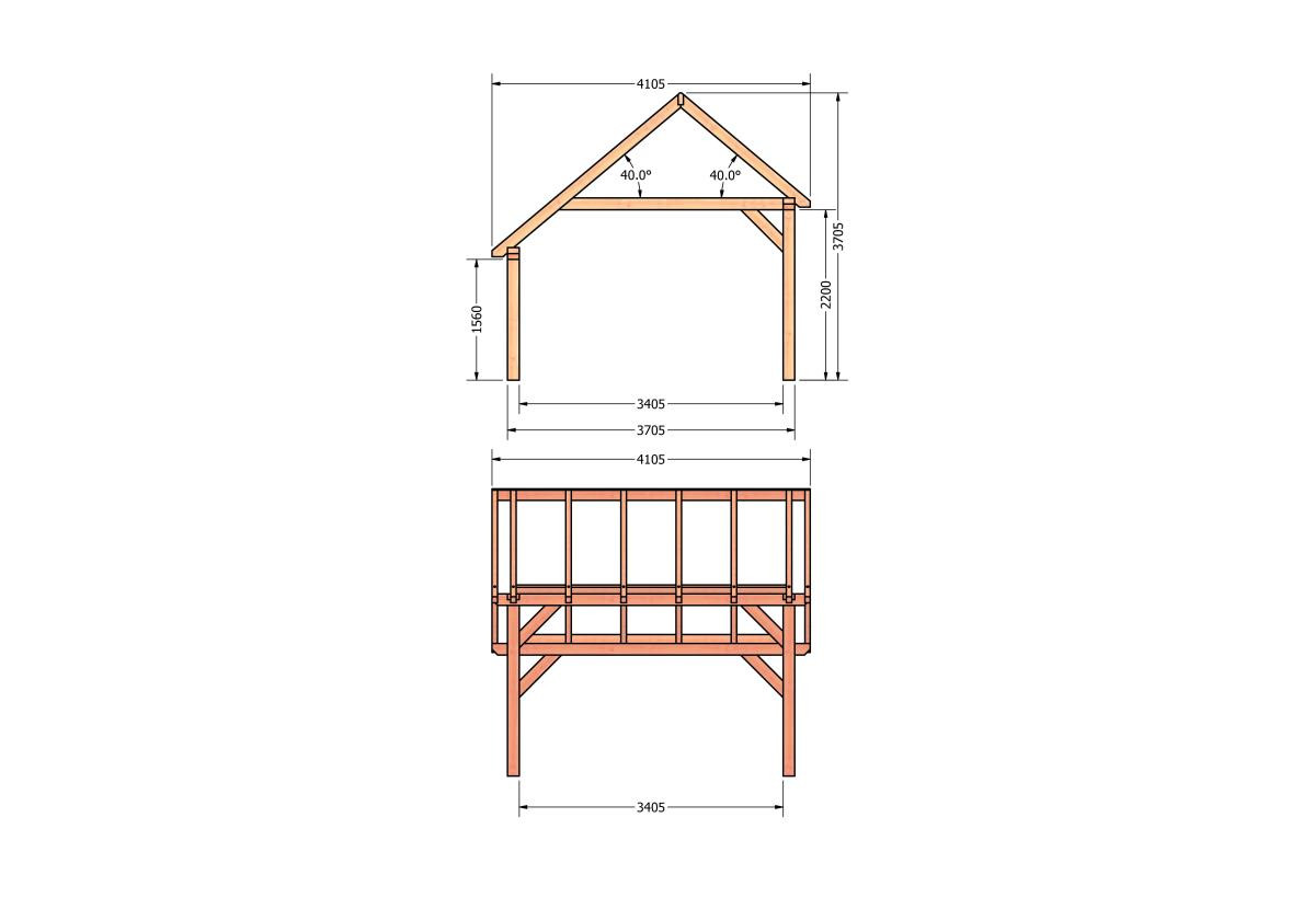 CP-20.1026-houten-kapschuur-constructie-bouwpakket-zelfbouw-bouwtekening-Zij & voor aanzicht