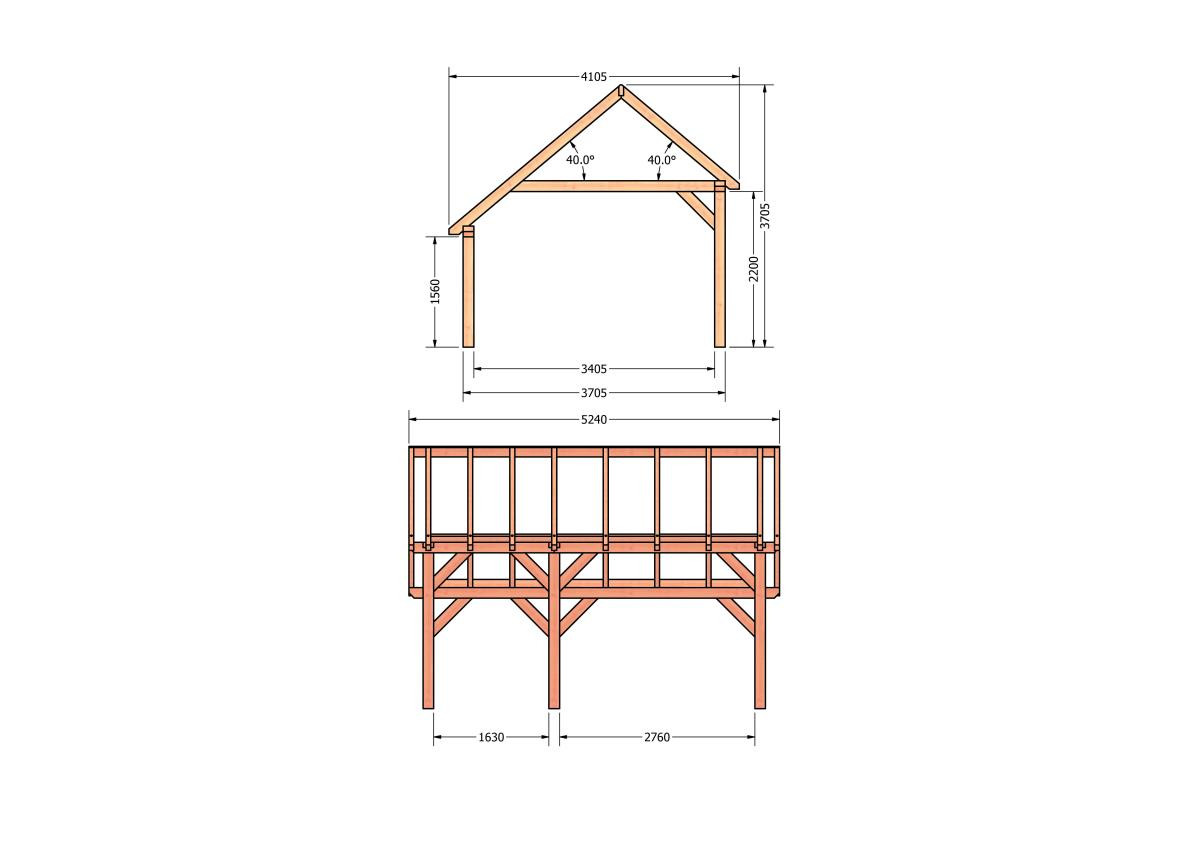 CP-20.1027-houten-kapschuur-constructie-bouwpakket-zelfbouw-bouwtekening-Zij & voor aanzicht