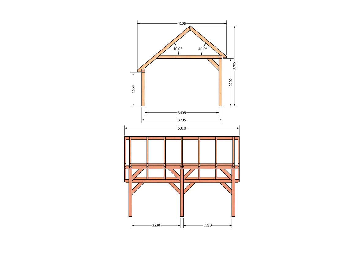CP-20.1028-houten-kapschuur-constructie-bouwpakket-zelfbouw-bouwtekening-Zij & voor aanzicht